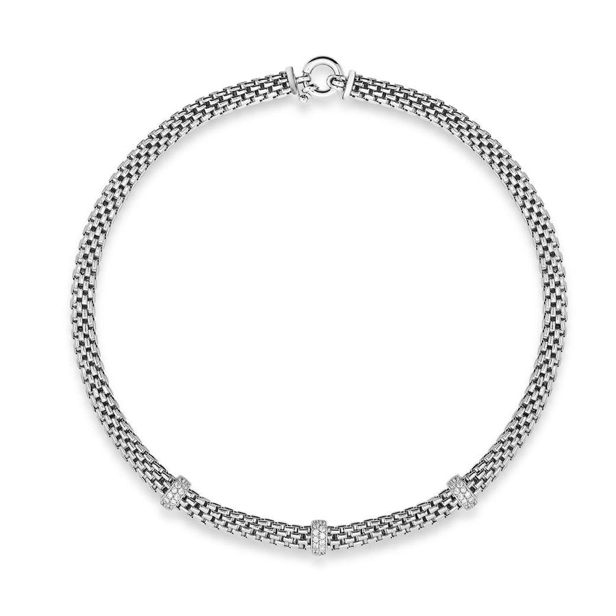 Flexible intertwined link necklace with 3 bar pave