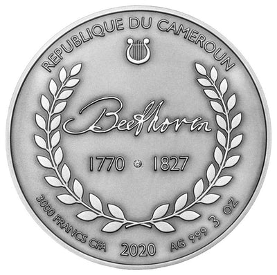 2020 - Beethoven 3 oz High Relief Silver Coin - With Genuine Diamond - Cameroon