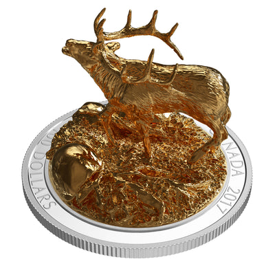 Elk - Sculpture of Majestic Canadian Animals - 2017 Canada 10 oz Pure Silver Gold Plated Coin - Royal Canadian Mint