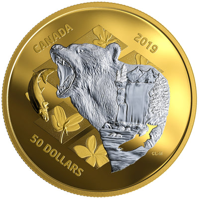 Grizzly Bear- Inner Nature - 2019 Canada 5 oz Pure Silver Gold Plated Coin - Royal Canadian Mint