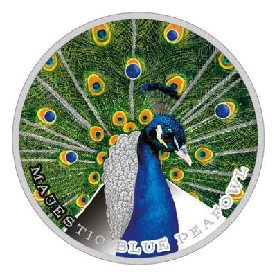 2019 - Majestic Blue Peafowl - 1.05 oz Two Dollar Silver Coin With Swarovski Elements - Niue